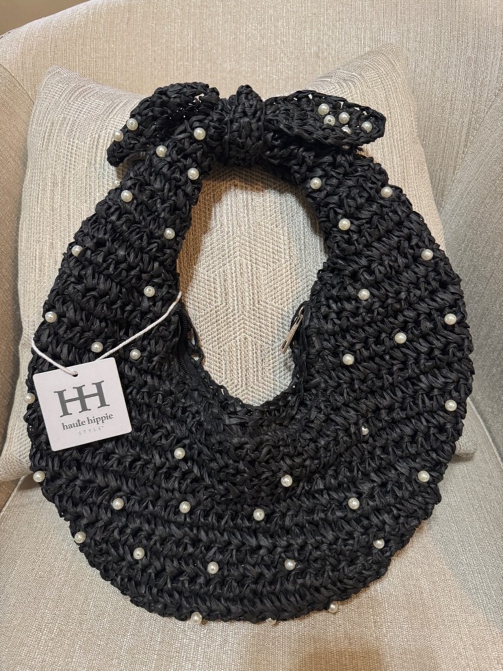 NWT Haute Hippie Black Pearl-Embellished Raffia bag w/ zipper and pocket